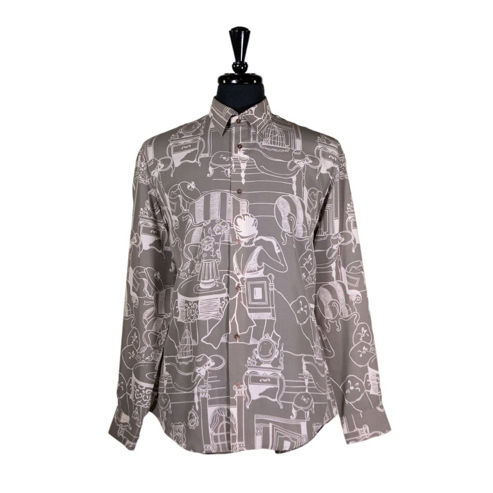 Mens Shirt Button Up Gray Abstract Dress Casual Summer Hawaiian Beach Large